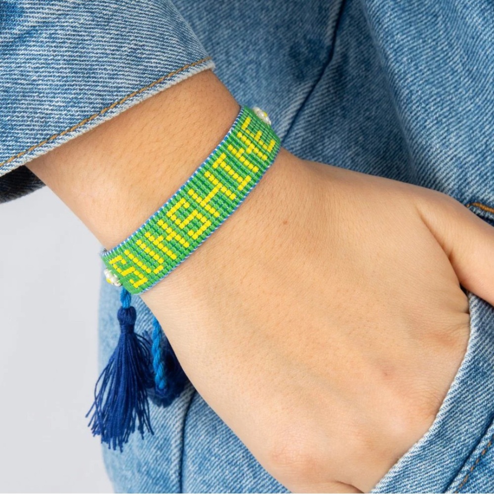 NATURAL LIFE Beaded Friendship Bracelet - Green & Yellow with Blue Tassel